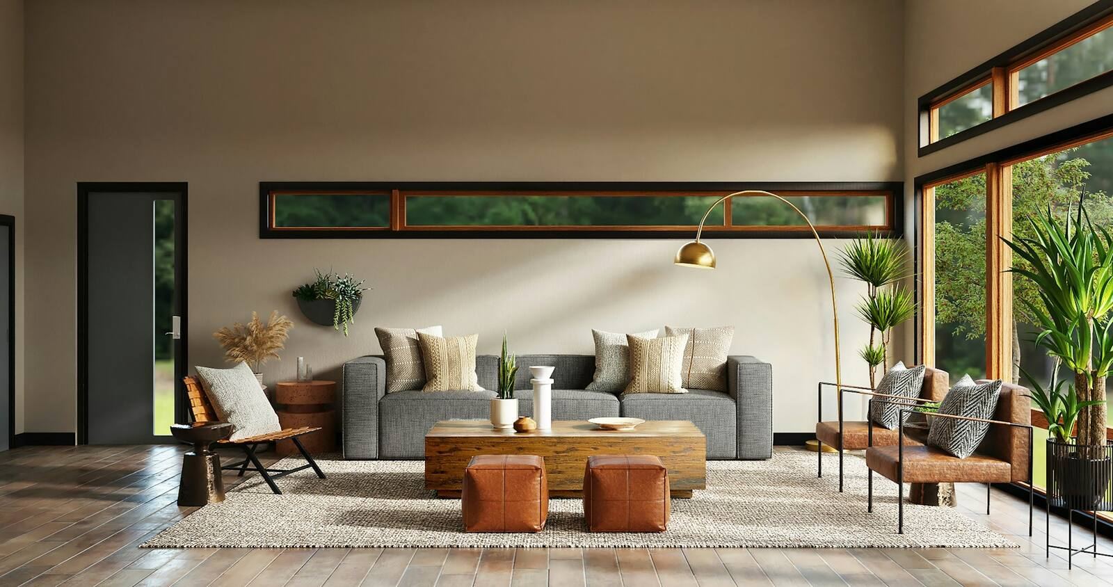 A long, warm living room with low windows, a pale sofa and leather ottomans