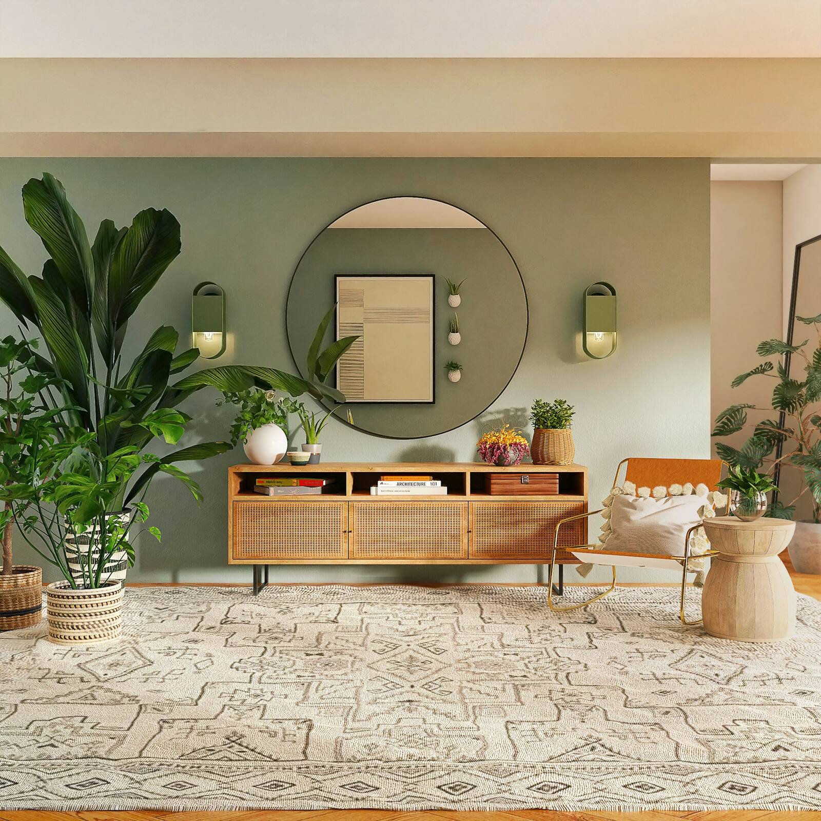 A wood sideboard styled with a round mirror, plants and a few chosen objects